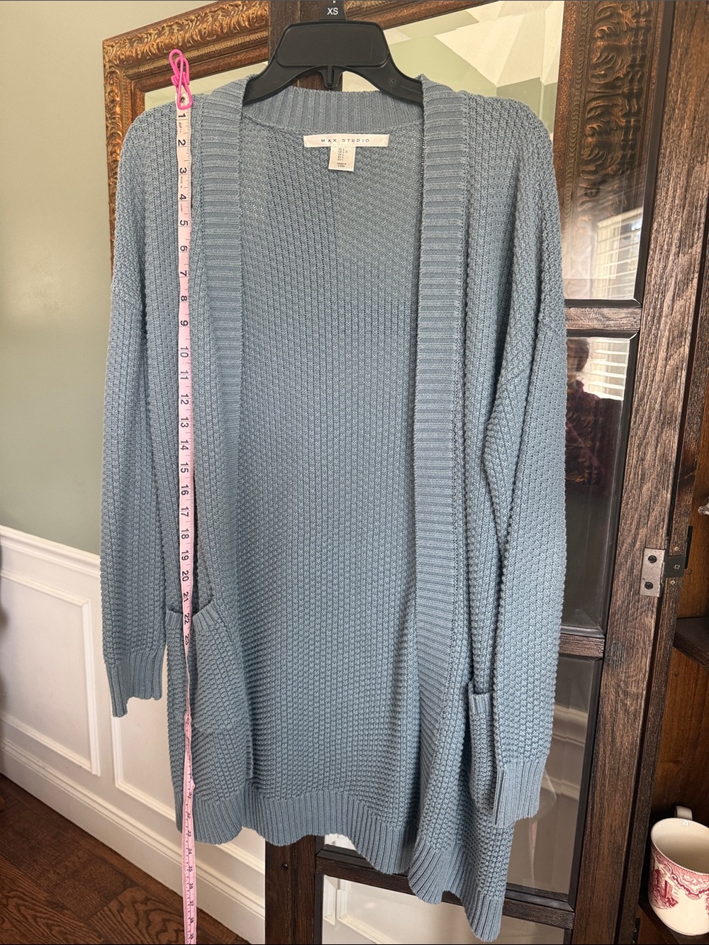 Women’s Max Studio Dusty Blue Open-Front Waffle Knit Cardigan Size L